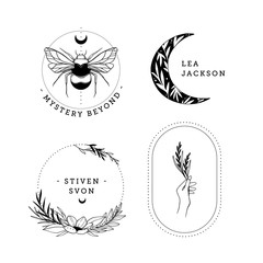 Abstract vector logo design in trendy linear style. Line design elements of hand, flowers, bee, eye, moon. Perfect for your brand: packaging, cosmetic, jewelry, shops, magazine