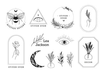 Abstract vector logo design in trendy linear style. Line design elements of hand, flowers, bee, eye, moon. Perfect for your brand: packaging, cosmetic, jewelry, shops, magazine