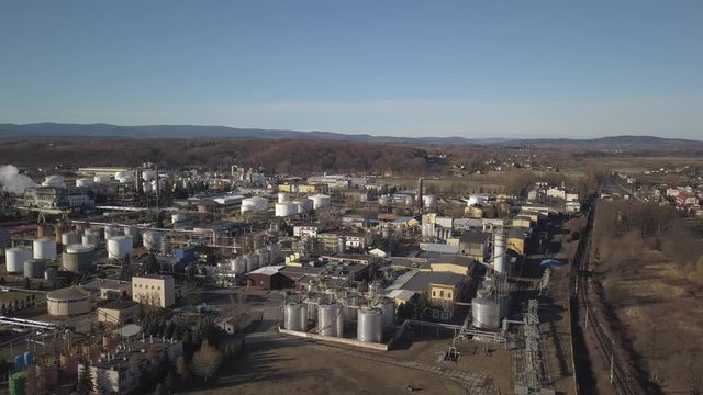 Europe. Clean of an oil refinery. View from the height of the bird's palette. Shooting with a quadcopter, an aircraft, drones, aerial photography. Oil refining industry. Production of chemicals.