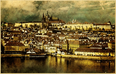 Beautiful view on old town Prague from Bridge Tower - vintage painted style illustration series