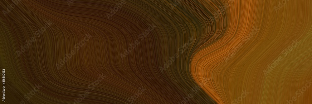 Poster flowing designed horizontal banner with very dark green, saddle brown and coffee colors. dynamic curved lines with fluid flowing waves and curves