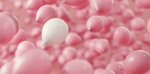 Pink balloons with one white flying in the air. Greeting card.