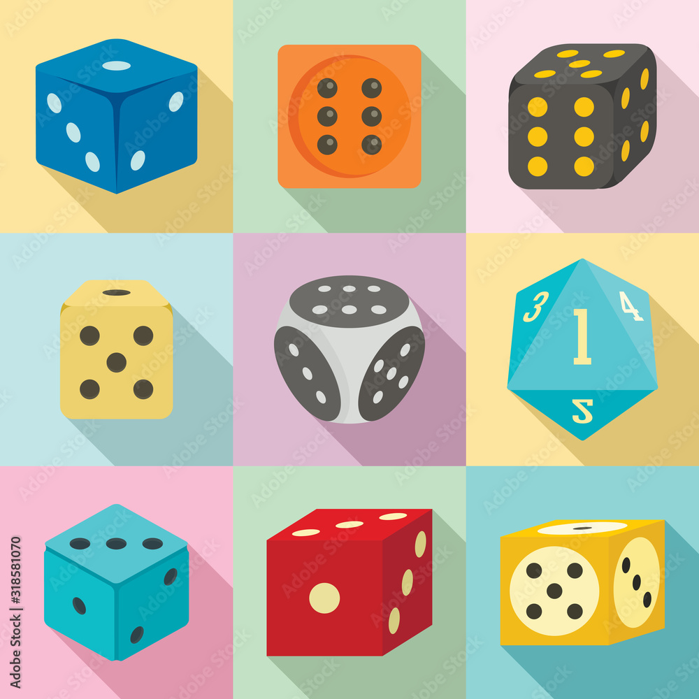 Poster dice icons set. flat set of dice vector icons for web design