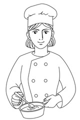 Smiling Chef, vector outline illustration drawings on a white background. Hand drawn cook in chef uniform and cap at work.
