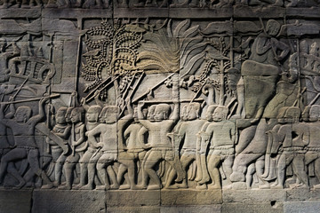 Fototapeta na wymiar Angkor wat carvings. Siem reap ancient wall.