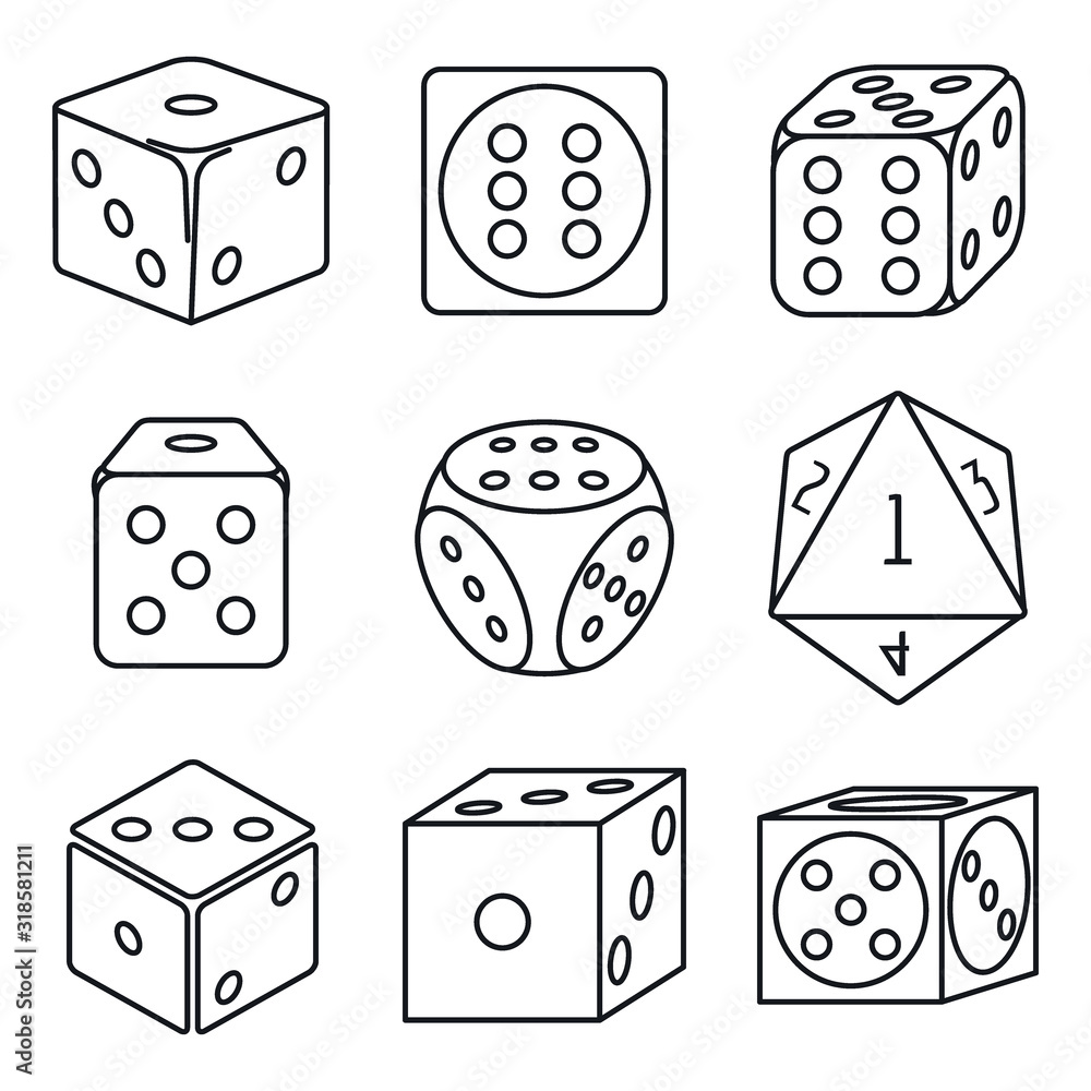 Poster play dice icons set. outline set of play dice vector icons for web design isolated on white backgrou