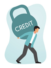 Businessman carrying heavy weight of financial credit. Men holding burden of credits debt. Boy carries a huge loan weight.