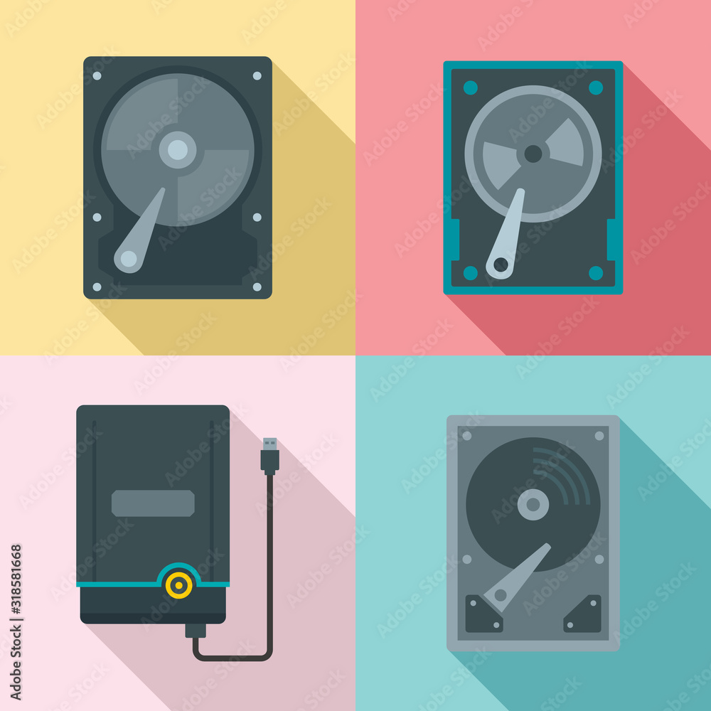 Poster hard disk icons set. flat set of hard disk vector icons for web design