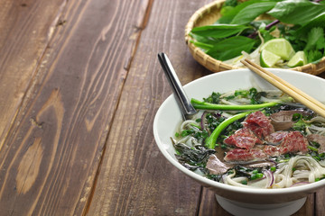 homemade pho bo, vietnamese beef noodle soup - obrazy, fototapety, plakaty