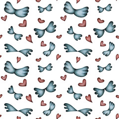 Pattern with watercolor wings and hearts