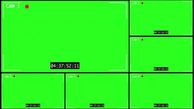 Six CCTV monitor display with scantiness on green screen