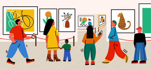 People visit art gallery. Croud of men and women in museum. Tourists doing sightseeing in the city . Contemporary art exibition. Ftat cartoon characters.