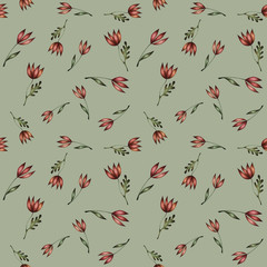 Seamless watercolor floral pattern on green background