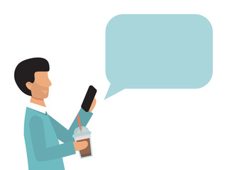 Business man holding smartphone with speech bubble. Man holds a phone with speech bubble chat vector illustration. Men mobile receive text message