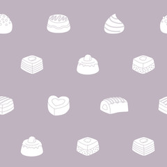 Sweet chocolate background - Vector seamless pattern solid silhouettes of dessert, candy, truffle and snack for graphic design