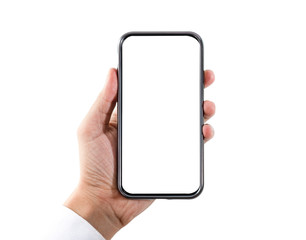 Blank form of smartphone frame and businessman hand with white background for add template infographic or presentation and advertisement. Technology and object with clipping path.