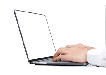 White template blank form of screen monitor of Computer laptop with businessman hand on white background.Isolated with clipping path.