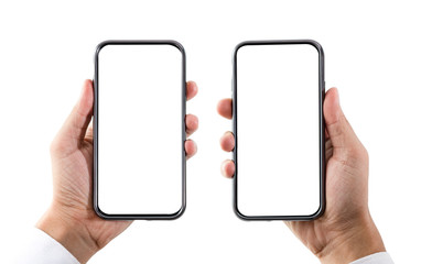 Obraz na płótnie Canvas Blank form of smartphone frame and two men hand with white background for add template infographic or presentation and advertisement. Technology and object with clipping path.