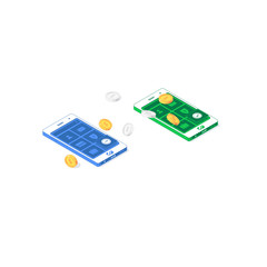 Isometric cash flow smartphone application. Vector illustration of golden and silver coins with phones