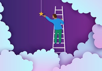 Man on a ladder to pick the star above cloud in paper cut style. Papercut businessman climbing on ladder to sky and trying to catch dream star. Follow your dreams vector motivational poster concept © A_Y_N