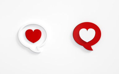 Heart in red and white speech bubble with shadow. Isolated 3d rendering. Speech bubble icon. Heart...