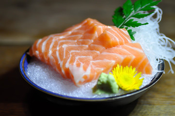 raw salmon or sliced salmon, salmon sashimi