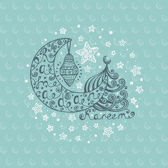 Ramadan Kareem Vector Background. Hand Drawn Crescent, Lantern, Mosque, Stars. Greeting card template for holy month of muslim community festival Ramadan Kareem.