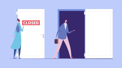 Woman discrimination concept. Business discrimination, male and female flat characters. Closed and opened door, social inequality vector illustration. Inequality opportunity career, rights female