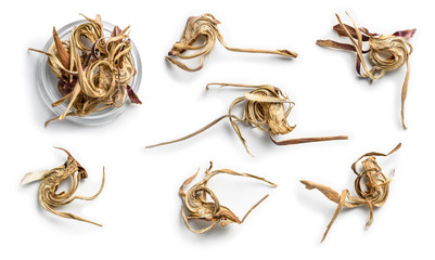 Dry artichoke flowers on a white background. The view from the top