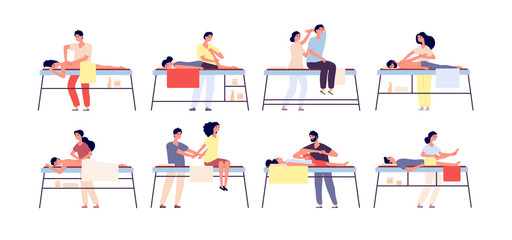 Massage therapy. Relaxing spa treatment, rehabilitation therapists and patients. Wellness relaxation men and women isolated vector set. Illustration massage body therapy, rehabilitation health