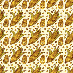 Vector Vegetable background. Hand drawn doodle Corn cobs and corn grains Seamless pattern