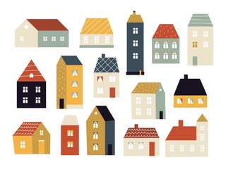 Cartoon houses. Various small cute houses, simple home facade with doors and windows, building exterior, cottage village colored vector set. Architecture building colorful, house facade illustration
