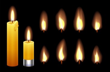 Candle flame. Burning wax candles lights and flames. Fire candlelight isolated on black background. Vector warm lighting set. Illustration candlelight and fire realistic, religion or romance