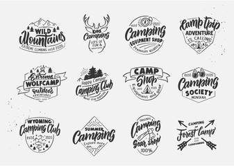 Fototapeta premium Set of vintage Wolfcamp and Camping emblems and stamps. Camp shop, outdoor badges, templates