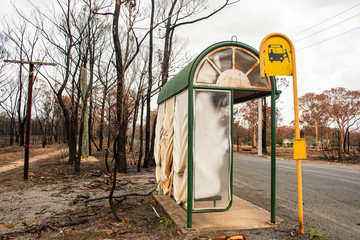 Australian bushfire aftermath: Bus stop partly melted due to extremly heat of severe bushfire at...