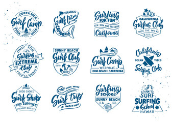 Set of vintage Surfing emblems and stamps. Surf club