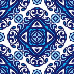 Abstract porcelain blue and white l ethnic background seamless pattern