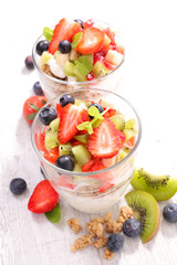 fruit dessert, yogurt with muesli and fruits