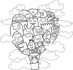 Doodle, hand drawn, many strange creatures, as well as floating in the sky, illustrations, cards or backgrounds.