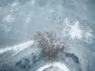 Drone aerial view of frozen Kirkilai lakes