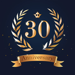 30 Anniversary badge design with laurel, ribbon and crown.