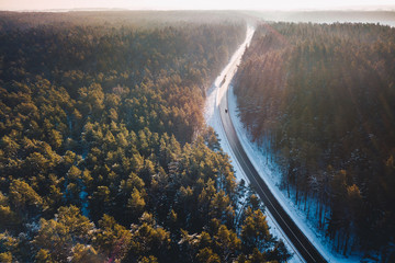 Aerial view of snowy road, Lithuania