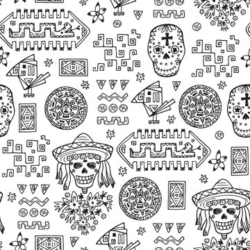 Mexico Vector Seamless pattern. Mexican items - Hand drawn doodle Mexican Day of the Dead Attributes and patterns