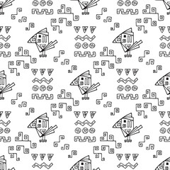 Toucan bird. Mexican abstract patterns with bird. Mexico Vector Seamless pattern. Mexican items - Hand drawn doodle Mexican patterns. Mexican wall pattern with birds and abstract figures
