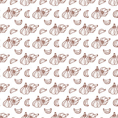 Garlic Seamless pattern. Hand Drawn doodle garlic bulbs and cloves of garlic. Vegetable background.