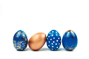 easter blue eggs standing isolated on white.
