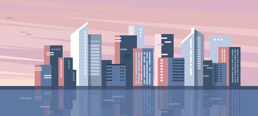 City buildings reflected in the water. Urban buildings and city architecture. Сityscape with sky at sunset or sunrise. Vector illustration. 