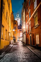 Photo sur Aluminium Stockholm Le quartier de la vieille ville de Stockholm Gamla Stan la nuit, Suède