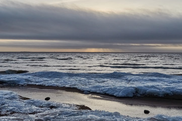 Gulf of Finland in winter at sunset