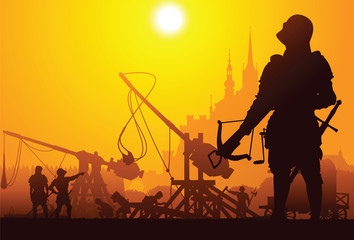 Obraz premium Medieval arbalester with the trebuchet and castle on background